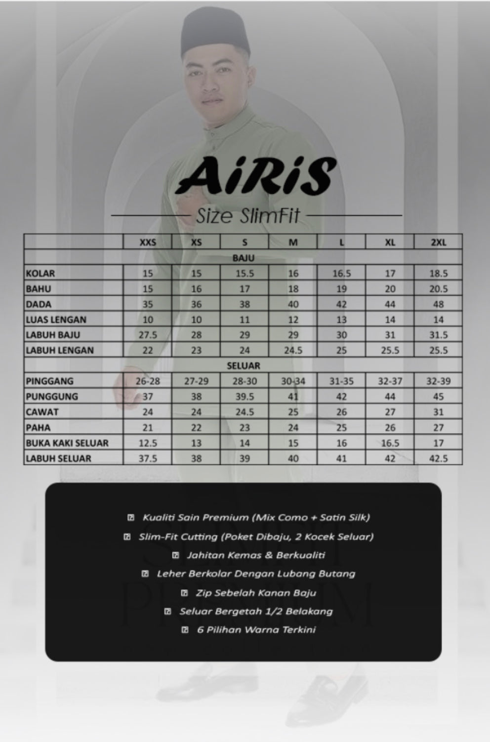 Baju Melayu Airis (SLIMFIT) Cekak Musang  Buttons not included
