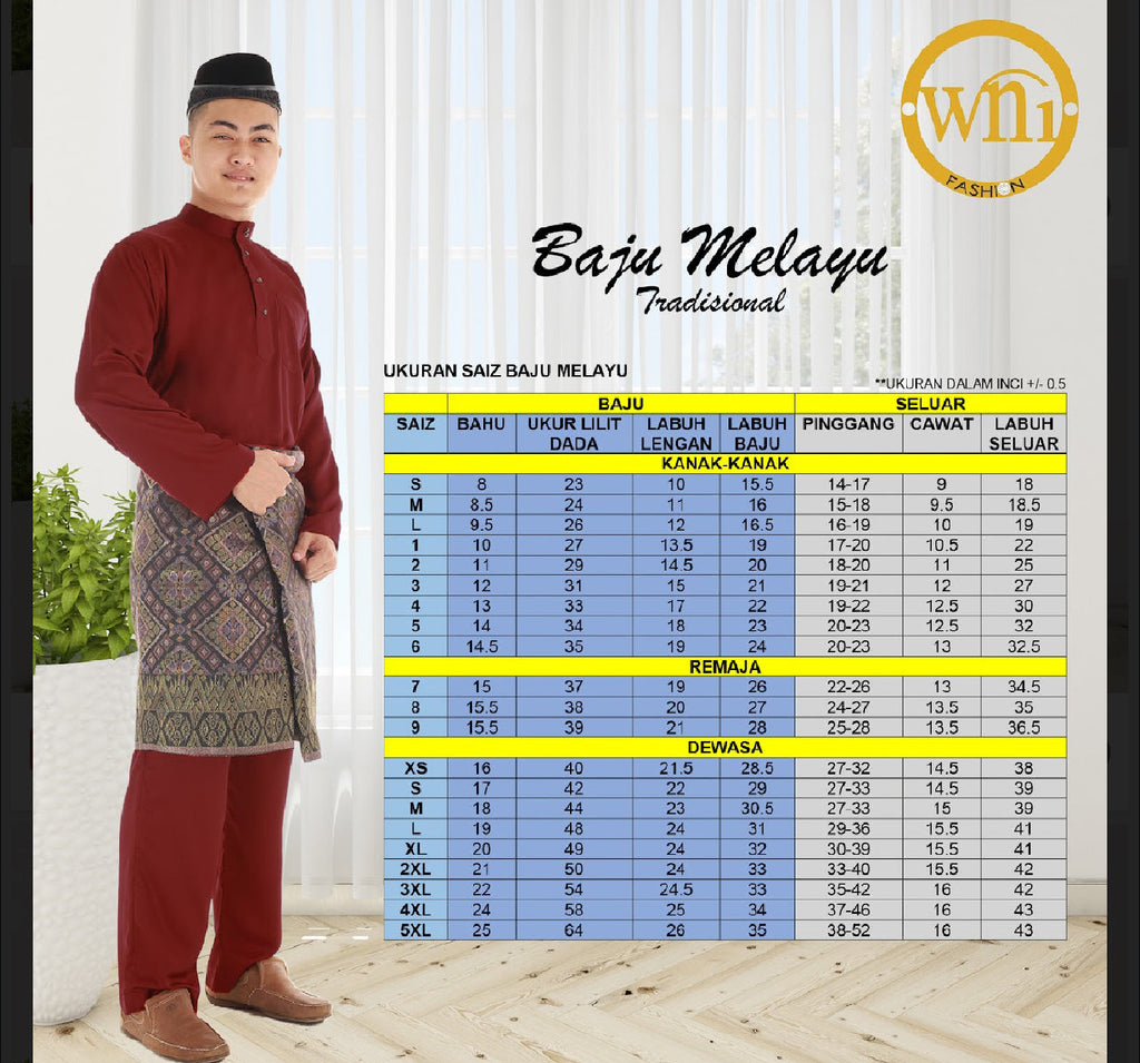 Baju Melayu ADULT WNI Plus size-Cekak Musang.  Buttons not included