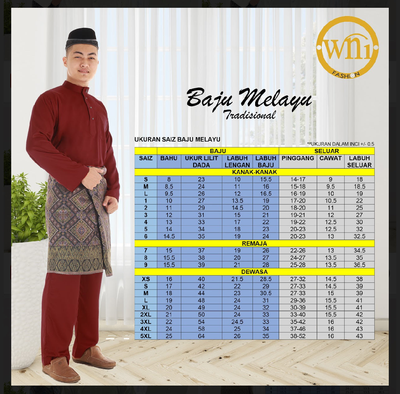 Baju Melayu ADULT WNI Standard size-Cekak Musang (Collar, buttons not included)