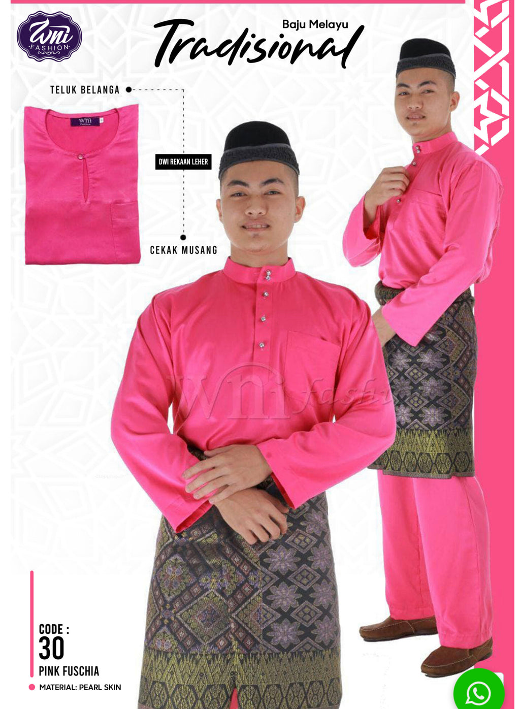 Baju Melayu ADULT WNI Plus size-Cekak Musang.  Buttons not included