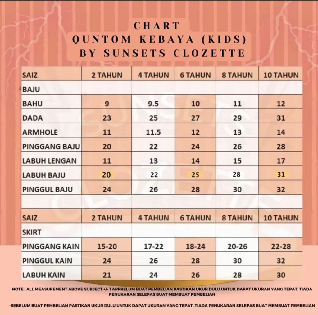 Quntom Kebaya-Adult only in yellow.  Kids in 3 colours