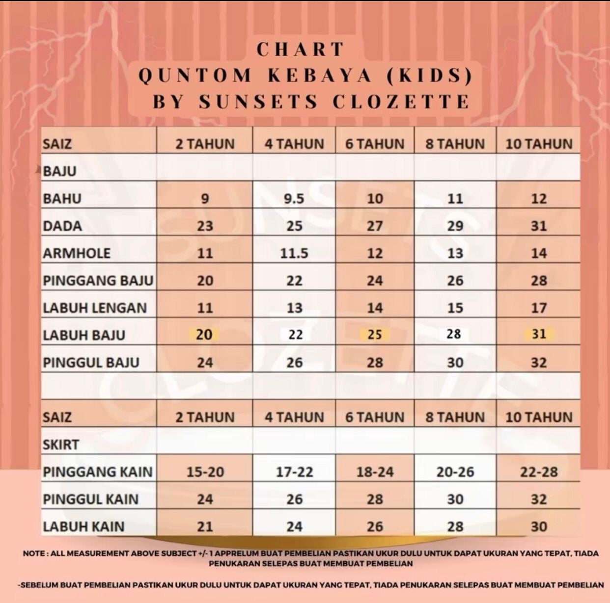 Quntom Kebaya-Adult only in yellow.  Kids in 3 colours