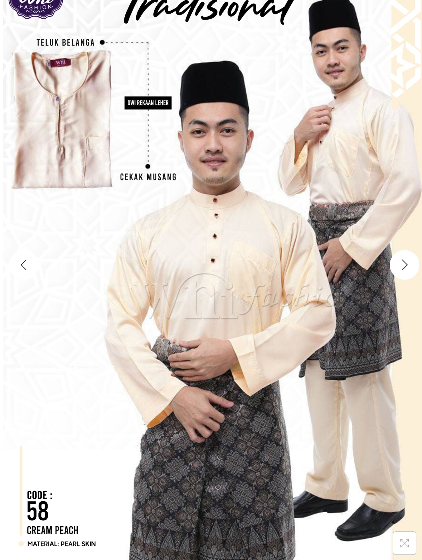 Baju Melayu ADULT WNI Standard size-Cekak Musang (Collar, buttons not included)